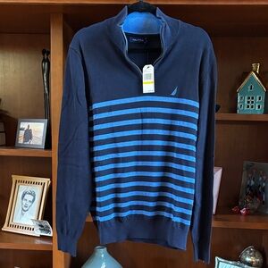 NWT Nautica Men’s 1/4 Zip Sweater 100% Cotton Navy/Royal Blue Size Medium